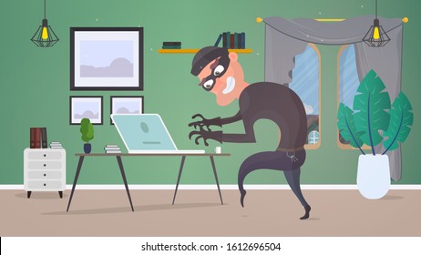 Thief in the house. A robber steals data from a laptop. Safety concept. Thief man stealing an apartment. A robber robbed a house. Flat style. Vector illustration.