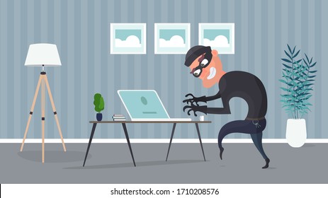 Thief in the house. A robber steals data from a laptop. Security concept. Thief man steals an apartment. Robbery at home. Flat style vector illustration.