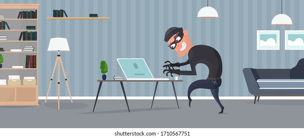 Thief in the house. A robber steals data from a laptop. Security concept. Thief man steals an apartment. Robbery at home. Flat style vector illustration.
