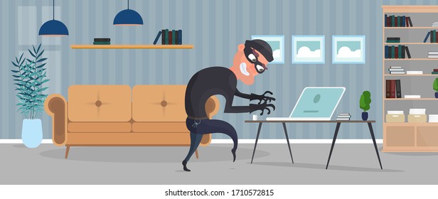 Ladrón en la casa. Un ladrón roba datos de una laptop. Concepto de seguridad. El ladrón roba un departamento. Robo en casa. Ilustración vectorial de estilo plano.