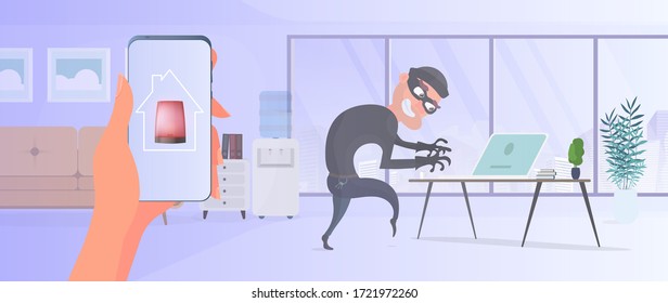 Thief in the house. A robber steals data from a laptop. The concept of safety and security premises. Flat style vector illustration.