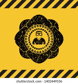 thief icon black grunge emblem with yellow background. Vector Illustration. Detailed.