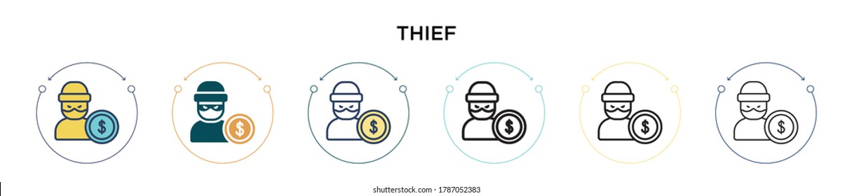 Icono del ladrón en estilo relleno, delgado, contorno y trazo. Ilustración vectorial de dos iconos vectoriales de ladrones de colores y negros se puede usar para móviles, ui, web