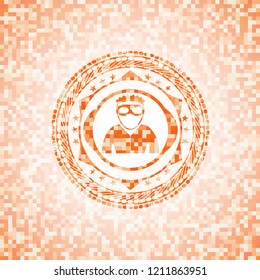 thief icon inside abstract emblem, orange mosaic background