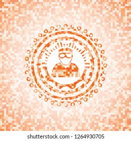 thief icon inside abstract emblem, orange mosaic background