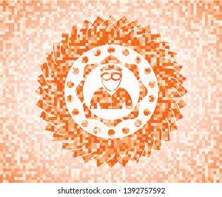 thief icon inside abstract orange mosaic emblem with background