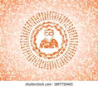 thief icon inside abstract orange mosaic emblem with background. 