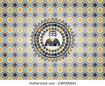 thief icon inside arabic badge. Arabesque decoration.