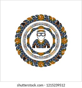 thief icon inside arabic emblem background. Arabesque decoration.
