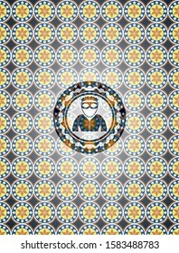 thief icon inside arabic emblem background. Arabesque decoration.