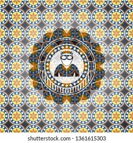 thief icon inside arabic style badge. Arabesque decoration.
