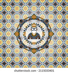 thief icon inside arabic style badge. Arabesque decoration. 