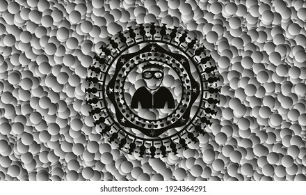 Dieb-Symbol in schwarzem Emblem mit grauem Hintergrund. Jahrgang. Vektorgrafik. Detaillierte Angaben. 