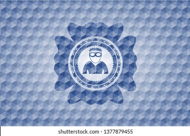 thief icon inside blue badge with geometric pattern background.