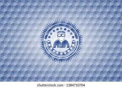 thief icon inside blue badge with geometric background.