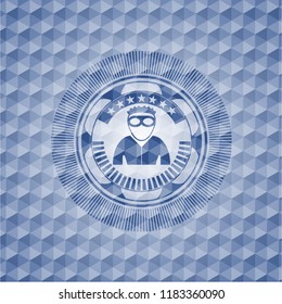 thief icon inside blue emblem with geometric pattern background.