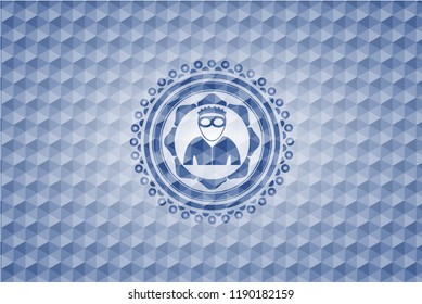 thief icon inside blue emblem or badge with geometric pattern background.