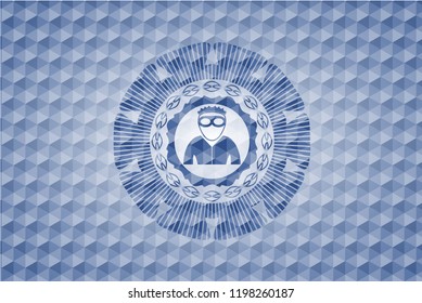 thief icon inside blue emblem with geometric pattern background.