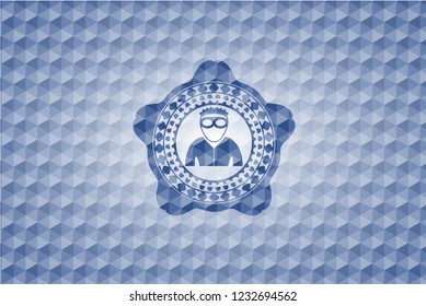 thief icon inside blue emblem or badge with geometric pattern background.