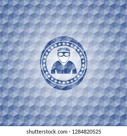 thief icon inside blue emblem or badge with abstract geometric pattern background.