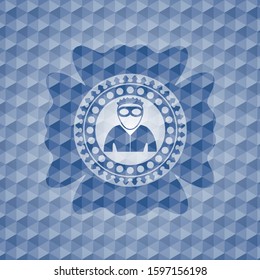 thief icon inside blue emblem or badge with abstract geometric pattern background.