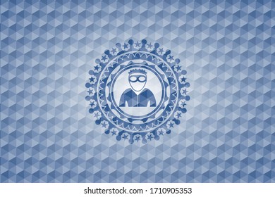 thief icon inside blue emblem or badge with abstract geometric polygonal pattern background. 