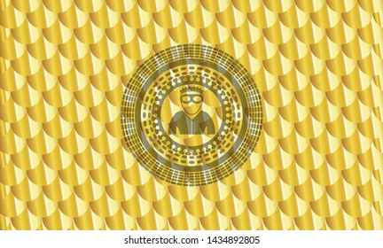 thief icon inside gold badge. Scales pattern. Vector Illustration. Detailed.