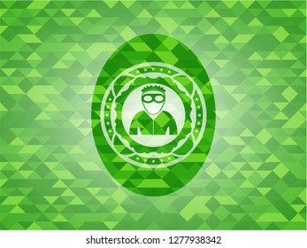 thief icon inside green emblem with triangle mosaic background