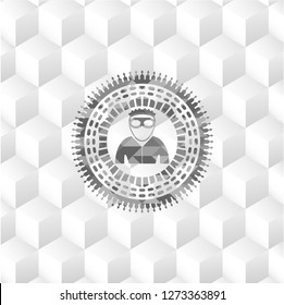 thief icon inside grey badge with geometric cube white background