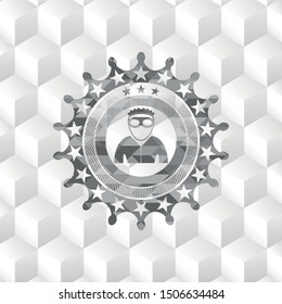 thief icon inside grey badge with geometric cube white background