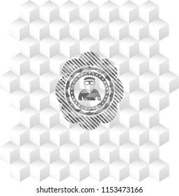 thief icon inside grey emblem. Retro with geometric cube white background