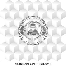 thief icon inside grey icon or emblem with geometric cube white background