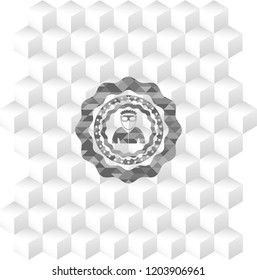 thief icon inside grey emblem with geometric cube white background