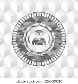 thief icon inside grey emblem. Vintage with geometric cube white background