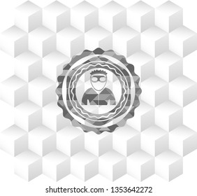 thief icon inside grey emblem with geometric cube white background