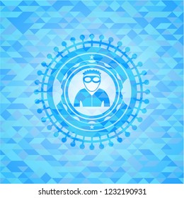 thief icon inside light blue emblem. Mosaic background