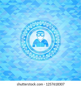 thief icon inside light blue emblem with triangle mosaic background