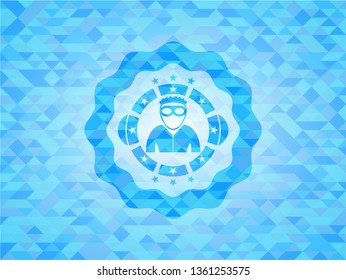 thief icon inside light blue emblem with mosaic ecological style background