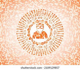 thief icon inside orange mosaic emblem. 