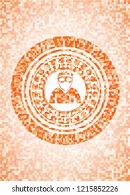 thief icon inside orange tile background illustration. Square geometric mosaic seamless pattern with emblem inside.