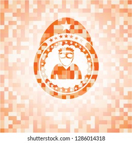 thief icon inside orange tile background illustration. Square geometric mosaic seamless pattern with emblem inside.