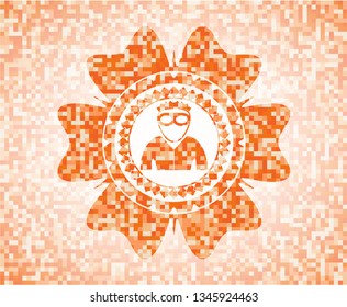 thief icon inside orange tile background illustration. Square geometric mosaic seamless pattern with emblem inside.