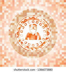 thief icon inside orange tile background illustration. Square geometric mosaic seamless pattern with emblem inside.
