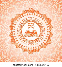 thief icon inside orange tile background illustration. Square geometric mosaic seamless pattern with emblem inside.