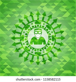 thief icon inside realistic green emblem. Mosaic background