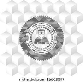 thief icon inside realistic grey emblem with geometric cube white background