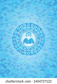 thief icon inside realistic light blue emblem. Mosaic background