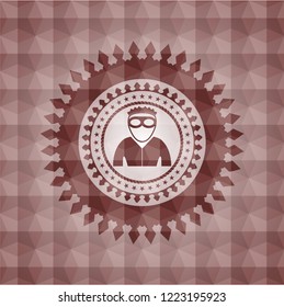 thief icon inside red emblem with geometric pattern. Seamless.