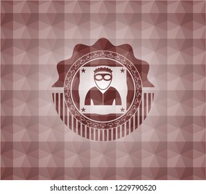 thief icon inside red emblem or badge with abstract geometric polygonal pattern background. Seamless.