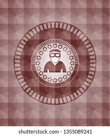 thief icon inside red emblem with geometric pattern. Seamless.